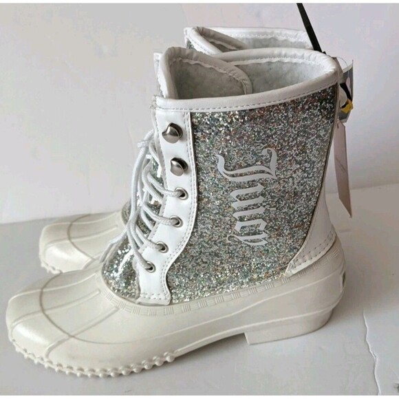 Juicy Couture Rain Snow Duck Boots Size 10 White Silver Glitter JC Talos Sherpa - Picture 1 of 12